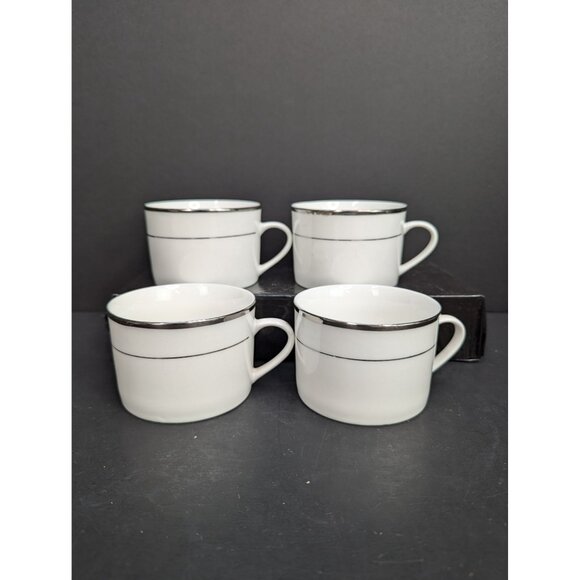 HausenWare White Porcelain Flat Coffee/Tea Cup 8 Oz Silver Rim Set of 4 - Picture 1 of 9